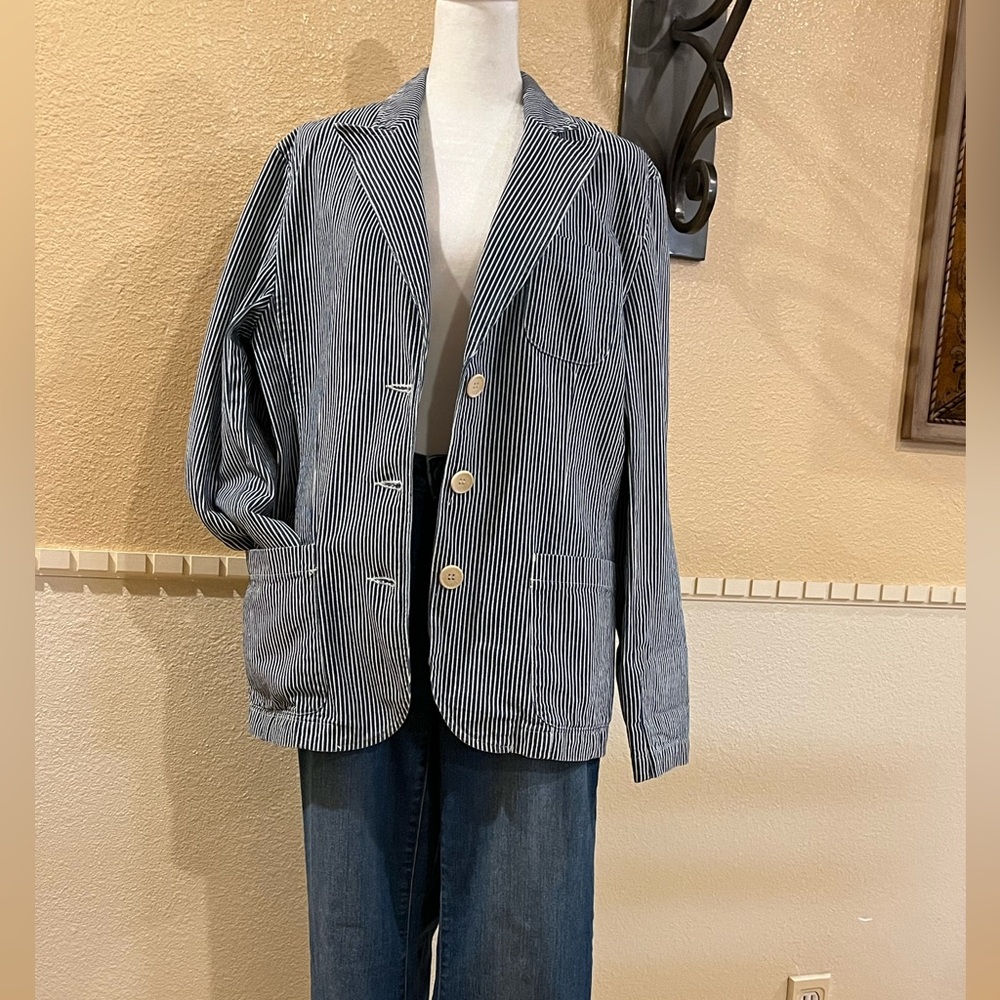 Jones New York Sport blue & white striped denim jacket 100% cotton. 3 pockets. L - Picture 6 of 13